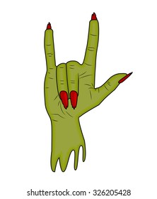 Zombie hand Horns, Satan sign finger up gesture Halloween vector. realistic cartoon illustration isolated on white background . Image of scary monster hand with torn, riven green skin.
