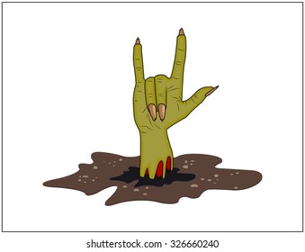 Zombie hand Horns, satan sign out of ground halloween vector. realistic cartoon illustration isolated on white background. Image of scary monster finger up gesture