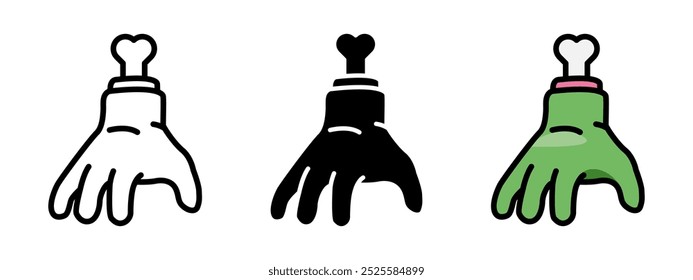 Zombie hand icon. Chopped off zombie arm with bone sticking out vector illustration. Halloween monster severed hand symbol. Rotten zombie arm silhouette. Green claw cartoon pictogram. Cut off hand.