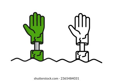 
Zombie Handsymbol für Halloween-Party. Untote Hand, die sich aus dem Grab, Halloween, in Farbe und Silhouette-Stil einzeln auf weißem Hintergrund ergibt.
