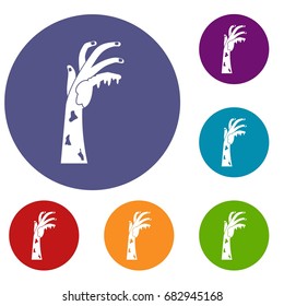 Zombie hand icons set in flat circle red, blue and green color for web