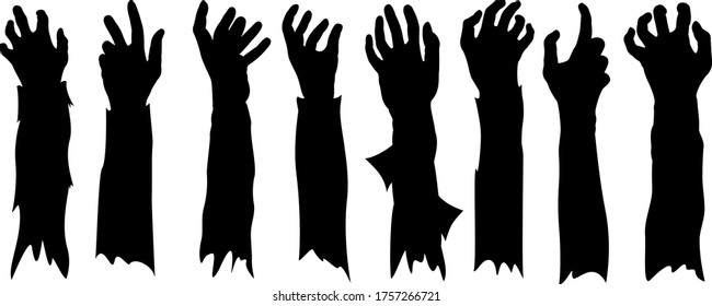 Zombie hand isolated on a white background. Black silhouettes. Halloween scary gesture concept. Mummification