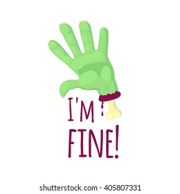 Zombie hand isolated on white background. Zombie hand with protruding bone in cartoon style. T-shirt design. Vector illustration.