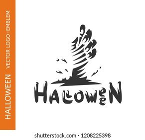 Zombie hand logo - emblem design on white background, halloween vector illustration