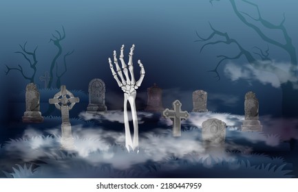 Zombie hand made of bones in the cemetery, old cemetery at night with silhouettes of dead souls, graves, fog, midnight in the dark. Scary Halloween scene. Cartoon vector illustration