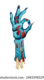 Zombie hand making OK sign with detailed torn skin and exposed bones. Vector cartoon illustration