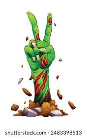 Zombie hand making a peace sign with torn skin and exposed bones rising from the ground. Vector cartoon illustration