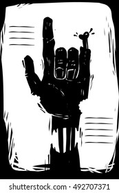Zombie hand making rock sign. halloween background.