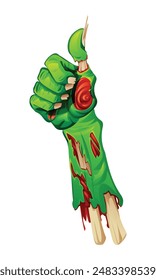 Zombie hand making a thumbs up sign with detailed torn skin and exposed bones. Vector cartoon illustration