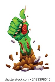 Zombie hand making a thumbs up sign with torn skin and exposed bones rising from the ground. Vector cartoon illustration