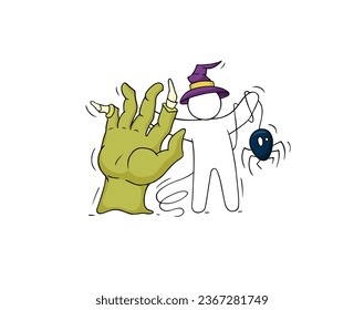 Mano zombie y hombre con sombrero de bruja con araña. Icono vectorial de caricatura para la festividad de Halloween. Ilustración corta - diseño espeluznante