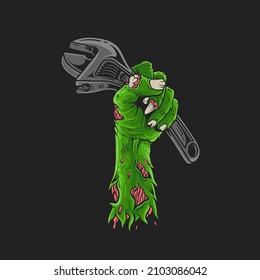 zombie hand or mechanic hand holding tool adjustable wrench premium vector