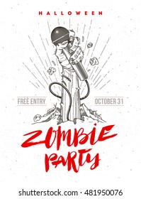 Zombie hand with microphone from ground - invitation for halloween karaoke party. Line art illustration and hand drawn brush calligraphy.