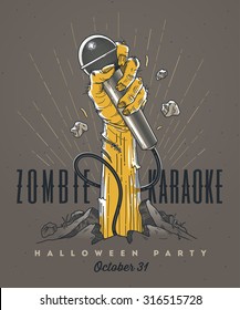 Mano zombie con micrófono desde el terreno, invitación artística en línea para la fiesta de karaoke de Halloween