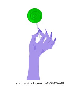 Mano zombi. Ilustración de arte vectorial minimalista. Mano morada con piruleta. Concepto de Halloween. Aislado en blanco.