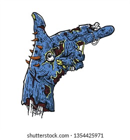 zombie hand monster inside gun sign rotten skin with eye starring line art colored illustration