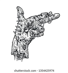 zombie hand monster inside gun sign rotten skin with eye starring line art 