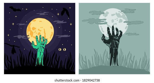 Zombie hand and moon retro poster template