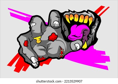 zombie hand and mouth vector design of zombie with yellow teeth and purple tongue