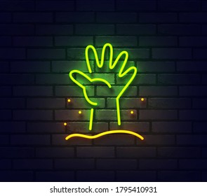 Zombie hand neon sign. Icon neon of zombie hand on brick wall. Vector illustration