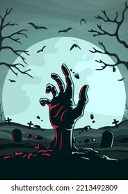 Zombie hand on the background of the moon. Halloween. Vector.