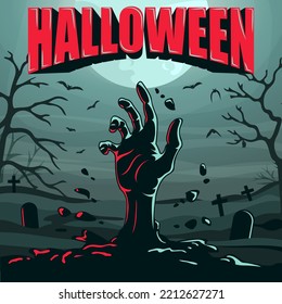 Zombie hand on the cemetery background. Halloween banner for social networks. Vector.