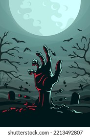 Zombie hand on the cemetery background. Halloween. Vector.