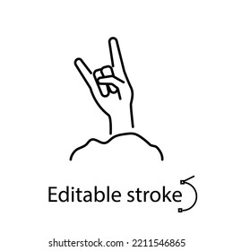 Zombie hand on land glyph icon. Happy halloween decoration. Cemetery horror. Cool rock hand pose. Season october holiday. Customizable symbol. Editable stroke. Isolated vector stock illustration