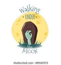 Zombie hand on the Moon background. Vector emblem