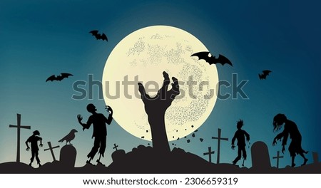 Zombie hand out of ground on the background of the full moon. Scary zombies walk among the graves in the cemetery. Halloween Party Concept