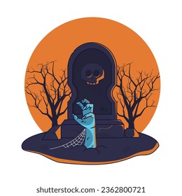 Zombie hand out of scary skull gravestone with dry trees in the background vector illustration design isolated editable