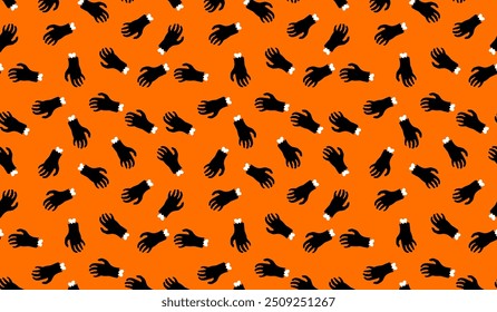 Fondo Horizontal del patrón de la mano del zombi. Estampado de Halloween con espeluznante mano zombie y hueso para el Fondo de pantalla, envoltura, decoración de vacaciones, telón de fondo, tela.