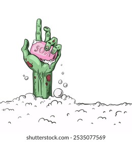 Zombie Hand with pink soap. Halloween funny illustration of undead in bubbles of foam. Vector drawing isolated on white background