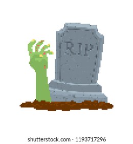 Zombie hand pixel art. Dead man from grave 8 bit. Halloween vector illustration