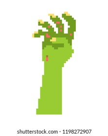 Zombie hand pixel art. Dead man from grave 8 bit. Halloween vector illustration
