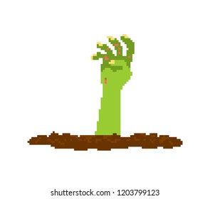 Zombie hand pixel art. Dead man from grave 8 bit. Halloween vector illustration