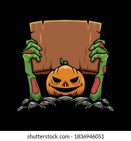 zombie hand pumpkin holding board illustration