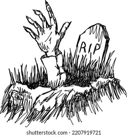 Zombie Hand Reaching Out From The Grave. Hand Drawn Vector Illustration Isolated Halloween Element.