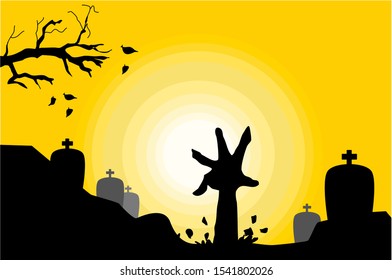 Zombie hand rise up from the grave yard. Halloween background concept. Silhouette of undead vector.