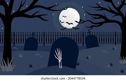 Zombie hand rises from the grave on a spooky night. Skeleton hand trying to crawl out of the grave for halloween.