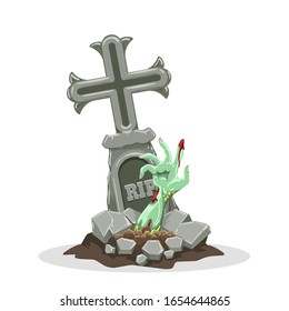 Zombie hand rises out of grave. Halloween gravestone scary and spooky vector image with zombies hands hand rising