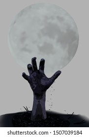 Zombie hand rising from the grave and full moon isolated on grey background. Element design for Halloween. Vector illustration.