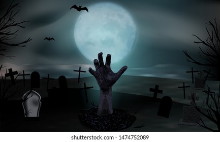 Zombie hand rising from the grave. Graveyard with tombstones and moon. Halloween background. Vector illustration.