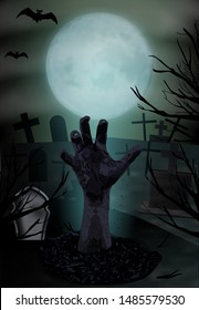 Zombie hand rising from the grave. Graveyard with tombstones and moon. Halloween vertical background. Vector illustration.