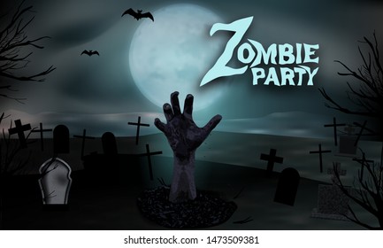 Zombie hand rising from the grave. Halloween party background. Graveyard with tombstones and moon In spooky night. Vector illustration.