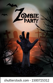 Zombie hand rising from the grave. Halloween party vertical background. Graveyard with tombstones and moon In spooky night. Vector illustration.