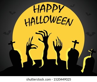 zombie hand rising from the grave on moon night background. happy halloween day. concept of ghost concept in october.  vector illustration in flat design.