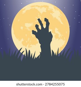 Zombie hand rising from grave under full moon spooky halloween vector illustration