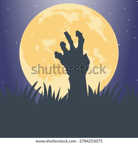 Zombie hand rising from grave under full moon spooky halloween vector illustration
