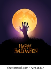 Zombie hand rising from the ground against a halloween orange moon. Vector illustration.